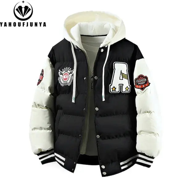 Outdoor Windbreak Warm Men Jacket Polyester Hooded Casual - Black / XXXL