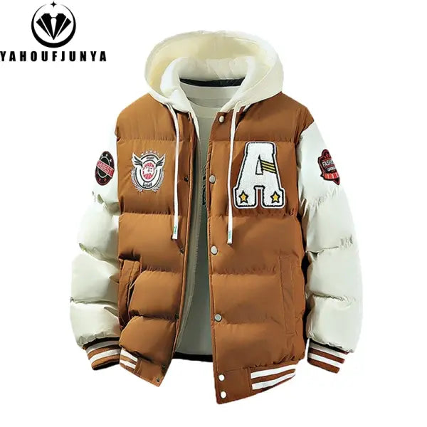 Outdoor Windbreak Warm Men Jacket Polyester Hooded Casual - Khaki / L