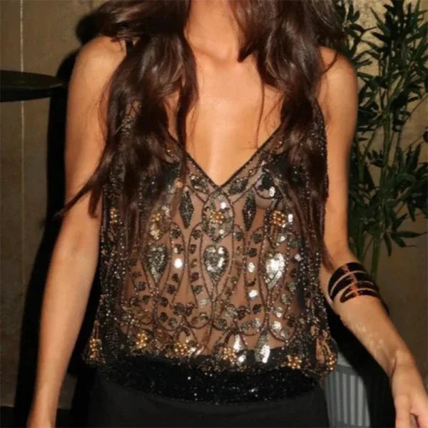 2025 Sexy Sequin Beaded Tank Top – Glitter Backless Party Wear - Himpall