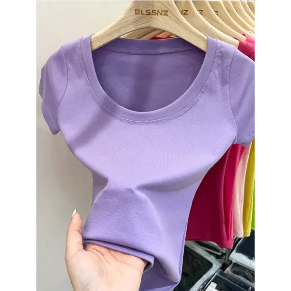 Women’s Square Collar Slim T-Shirt – Cotton Stretch Basic Top Lightweight Short Sleeve Casual Tee - Purple / XL