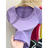 Women’s Square Collar Slim T-Shirt – Cotton Stretch Basic Top Lightweight Short Sleeve Casual Tee - Purple / XL