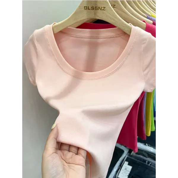 Women’s Square Collar Slim T-Shirt – Cotton Stretch Basic Top Lightweight Short Sleeve Casual Tee - Pink / S