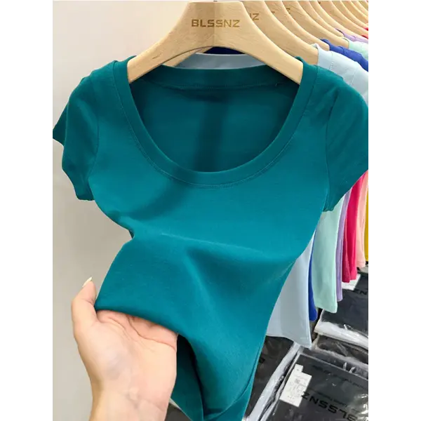 Women’s Square Collar Slim T-Shirt – Cotton Stretch Basic Top Lightweight Short Sleeve Casual Tee - Emerald green / XL