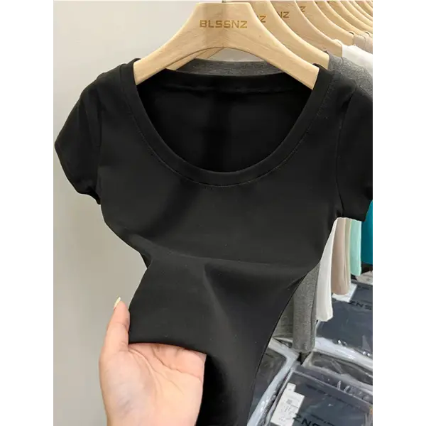 Women’s Square Collar Slim T-Shirt – Cotton Stretch Basic Top Lightweight Short Sleeve Casual Tee - Black / XL