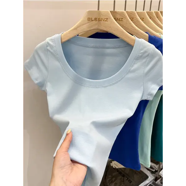 Women’s Square Collar Slim T-Shirt – Cotton Stretch Basic Top Lightweight Short Sleeve Casual Tee - Khaki / L