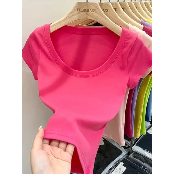 Women’s Square Collar Slim T-Shirt – Cotton Stretch Basic Top Lightweight Short Sleeve Casual Tee - rose pink / XL