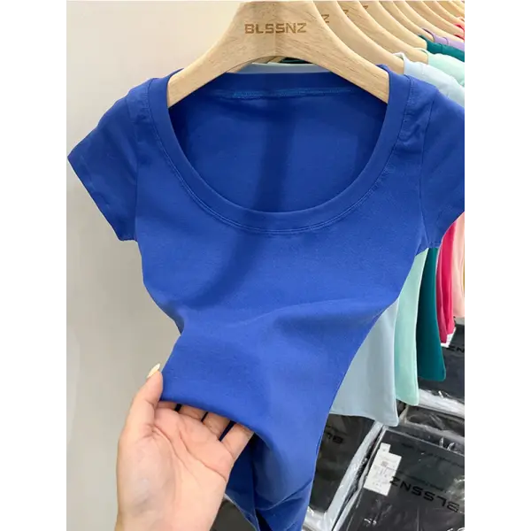 Women’s Square Collar Slim T-Shirt – Cotton Stretch Basic Top Lightweight Short Sleeve Casual Tee - ROYAL BLUE / XL