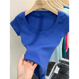 Women’s Square Collar Slim T-Shirt – Cotton Stretch Basic Top Lightweight Short Sleeve Casual Tee - ROYAL BLUE / XL