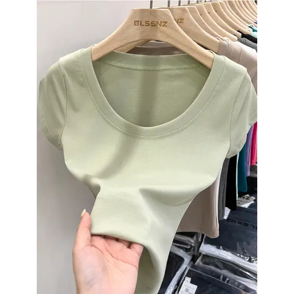 Women’s Square Collar Slim T-Shirt – Cotton Stretch Basic Top Lightweight Short Sleeve Casual Tee - gray green / XL