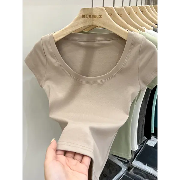Women’s Square Collar Slim T-Shirt – Cotton Stretch Basic Top Lightweight Short Sleeve Casual Tee - Lime green / L
