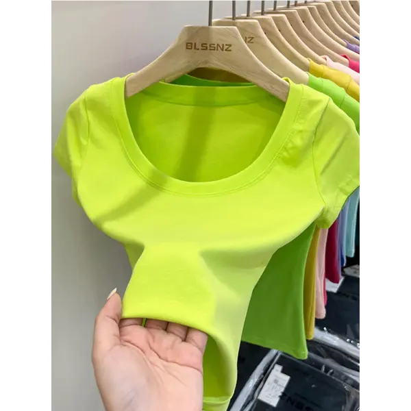 Women’s Square Collar Slim T-Shirt – Cotton Stretch Basic Top Lightweight Short Sleeve Casual Tee - Fluorescent Green