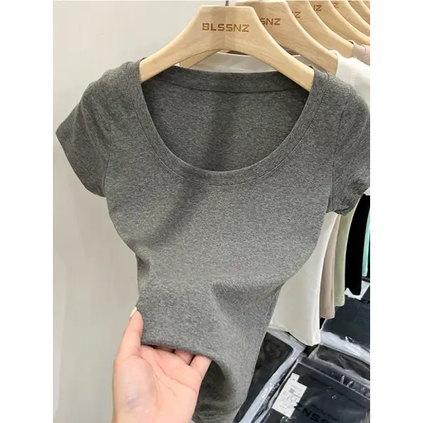 Women’s Square Collar Slim T-Shirt – Cotton Stretch Basic Top Lightweight Short Sleeve Casual Tee - Gray / XL
