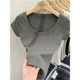 Women’s Square Collar Slim T-Shirt – Cotton Stretch Basic Top Lightweight Short Sleeve Casual Tee - Gray / XL