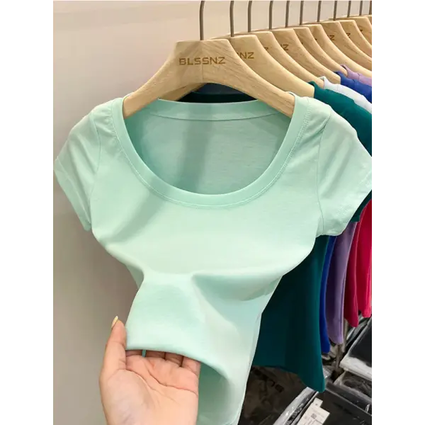 Women’s Square Collar Slim T-Shirt – Cotton Stretch Basic Top Lightweight Short Sleeve Casual Tee - Cyan / M