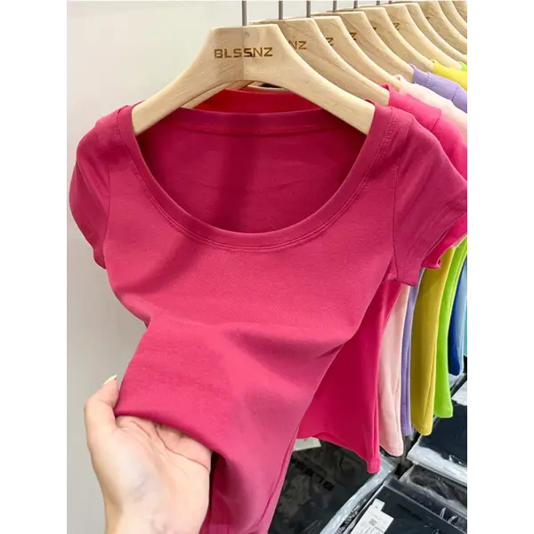 Women’s Square Collar Slim T-Shirt – Cotton Stretch Basic Top Lightweight Short Sleeve Casual Tee - Fuchsia / XL
