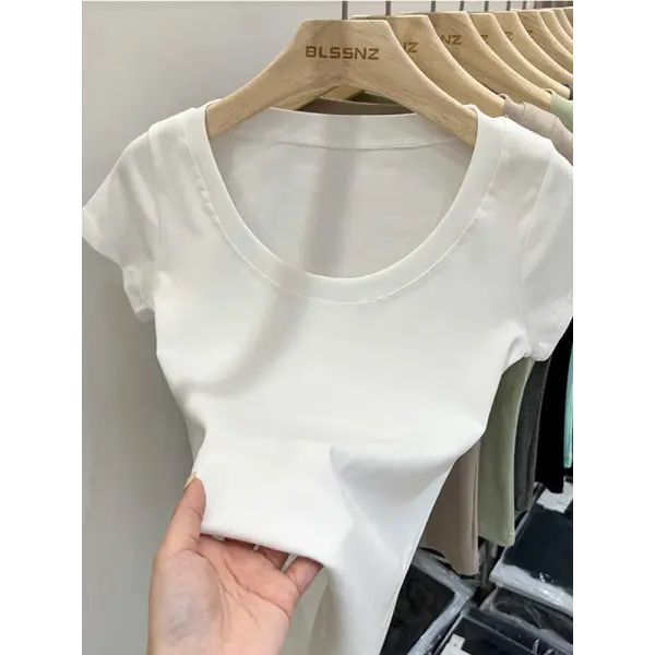 Women’s Square Collar Slim T-Shirt – Cotton Stretch Basic Top Lightweight Short Sleeve Casual Tee - White / S