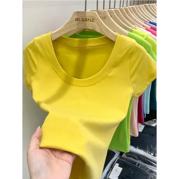 Women’s Square Collar Slim T-Shirt – Cotton Stretch Basic Top Lightweight Short Sleeve Casual Tee - Yellow / M