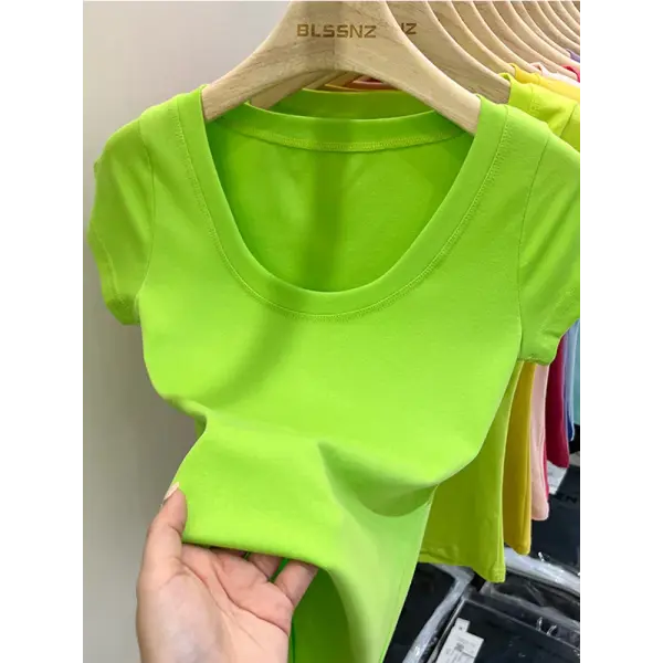 Women’s Square Collar Slim T-Shirt – Cotton Stretch Basic Top Lightweight Short Sleeve Casual Tee - Fruit green / XL