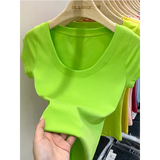 Women’s Square Collar Slim T-Shirt – Cotton Stretch Basic Top Lightweight Short Sleeve Casual Tee - Fruit green / XL