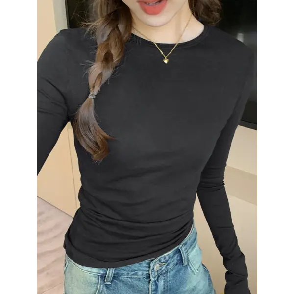 Women’s Slim Fit Long Sleeve T-Shirt – Solid O-Neck Casual Top for Spring & Autumn - black / XL