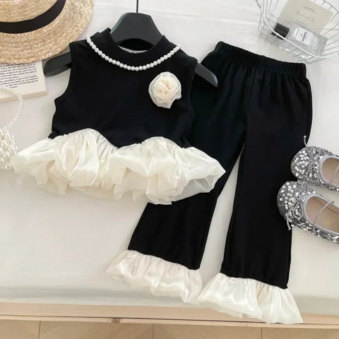 2025 Summer Baby Girl 2pcs Outfit – Vest & Ruffle Flared Pants Set - black / 6-7y 130cm