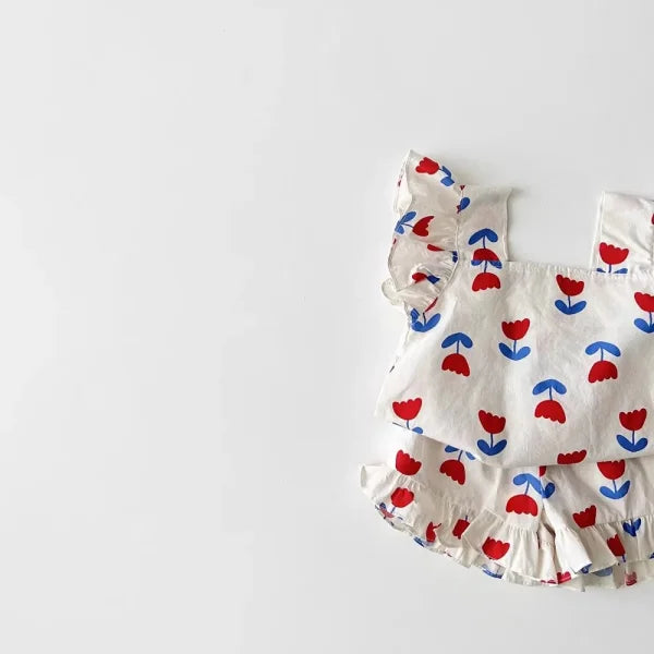 2025 Summer Baby Girl Flower Print Clothes Set – Sling Top & Shorts 2pcs Outfit - Himpall