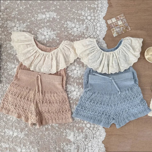 2025 Summer Baby Girl Knitted Clothes – Hollow Cotton Lace Vest or Shorts