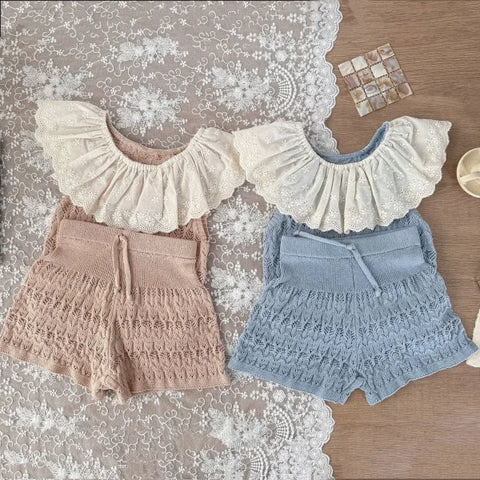 2025 Summer Baby Girl Knitted Clothes – Hollow Cotton Lace Vest or Shorts
