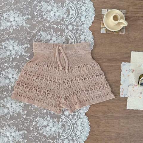 2025 Summer Baby Girl Knitted Clothes – Hollow Cotton Lace Vest or Shorts - Apricot pant / 6-9M 73CM