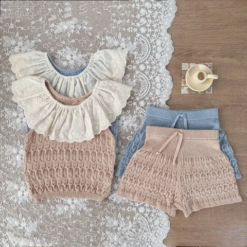 2025 Summer Baby Girl Knitted Clothes – Hollow Cotton Lace Vest or Shorts