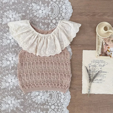 2025 Summer Baby Girl Knitted Clothes – Hollow Cotton Lace Vest or Shorts - Apricot top / 6-9M 73CM