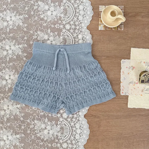 2025 Summer Baby Girl Knitted Clothes – Hollow Cotton Lace Vest or Shorts - Blue pant / 3T 100CM