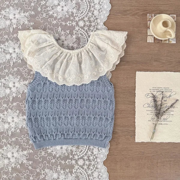 2025 Summer Baby Girl Knitted Clothes – Hollow Cotton Lace Vest or Shorts - Blue top / 12M 80CM