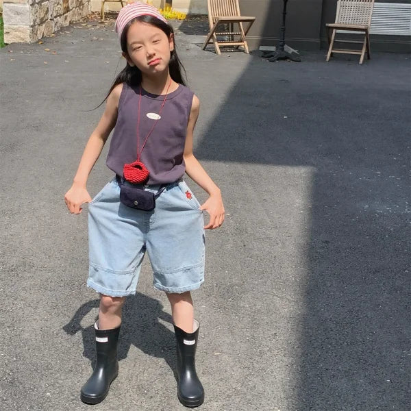 2025 Summer Kids Denim Shorts – Cute Bear Girls Jeans & Loose Boys Casual Shorts