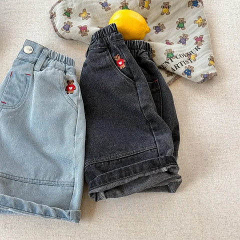 2025 Summer Kids Denim Shorts – Cute Bear Girls Jeans & Loose Boys Casual Shorts