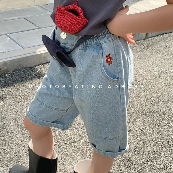 2025 Summer Kids Denim Shorts – Cute Bear Girls Jeans & Loose Boys Casual Shorts