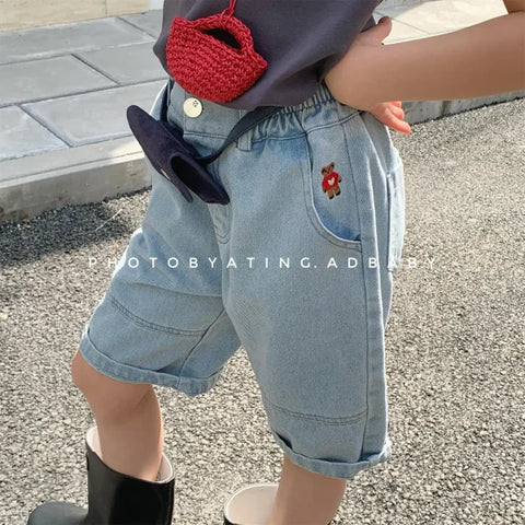 2025 Summer Kids Denim Shorts – Cute Bear Girls Jeans & Loose Boys Casual Shorts