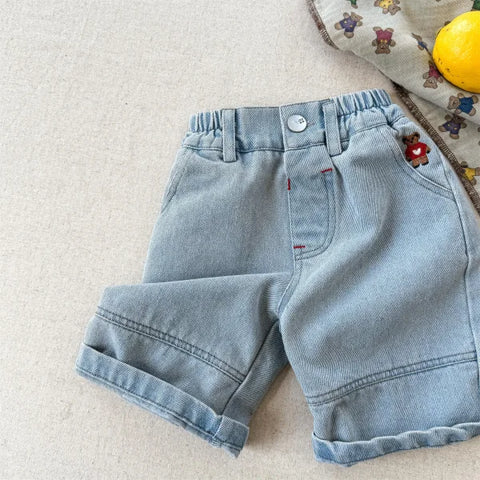 2025 Summer Kids Denim Shorts – Cute Bear Girls Jeans & Loose Boys Casual Shorts - blue / 6T 130cm