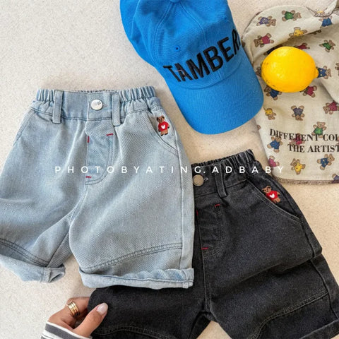 2025 Summer Kids Denim Shorts – Cute Bear Girls Jeans & Loose Boys Casual Shorts