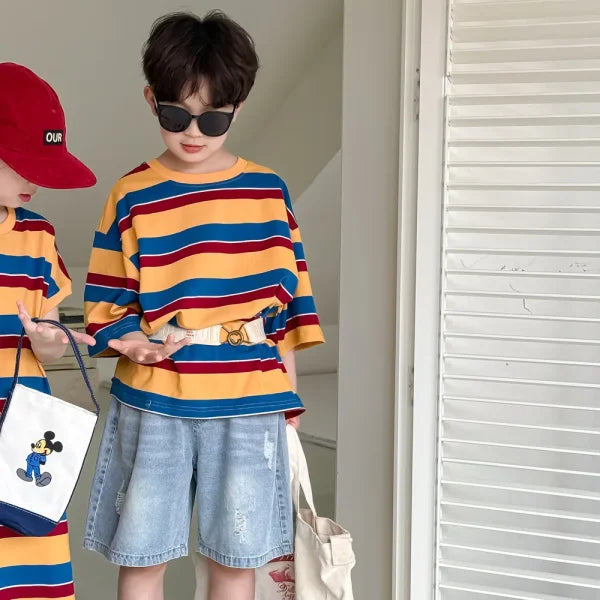 2025 Summer Kids Striped Dress – Korean Style Colorful O-Neck Sibling Outfit - T-shirt / 6-7T 130CM