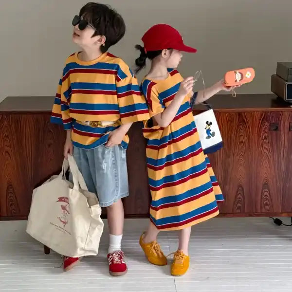2025 Summer Kids Striped Dress – Korean Style Colorful O-Neck Sibling Outfit - Himpall