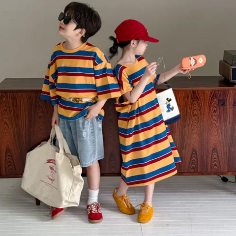 2025 Summer Kids Striped Dress – Korean Style Colorful O-Neck Sibling Outfit - dress / 9-10T 150CM