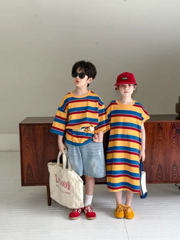 2025 Summer Kids Striped Dress – Korean Style Colorful O-Neck Sibling Outfit