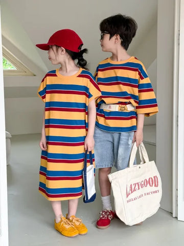 2025 Summer Kids Striped Dress – Korean Style Colorful O-Neck Sibling Outfit