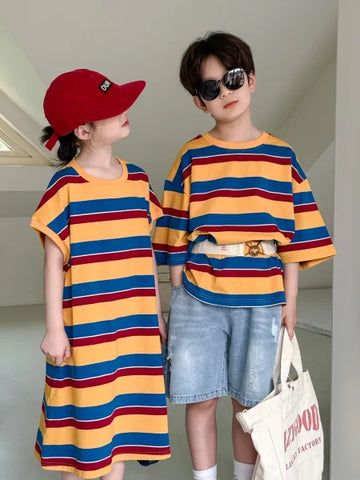 2025 Summer Kids Striped Dress – Korean Style Colorful O-Neck Sibling Outfit