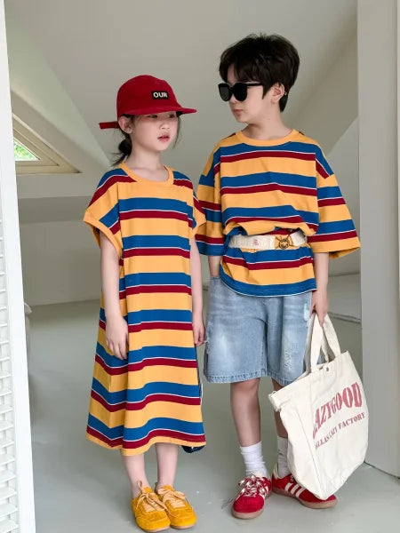 2025 Summer Kids Striped Dress – Korean Style Colorful O-Neck Sibling Outfit