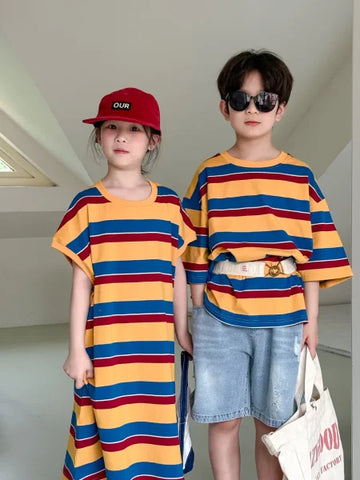 2025 Summer Kids Striped Dress – Korean Style Colorful O-Neck Sibling Outfit