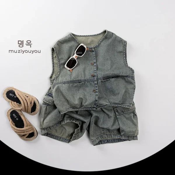 2025 Summer Kids Vintage Denim Shorts – Fashion Cargo Jeans for Girls & Boys - Himpall