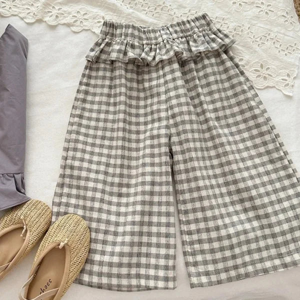 2025 Summer Korean Plaid Pants for Girls – Elastic Waist 9-Point Wooden Ear Trousers - Himpall