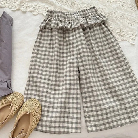 2025 Summer Korean Plaid Pants for Girls – Elastic Waist 9-Point Wooden Ear Trousers - Himpall
